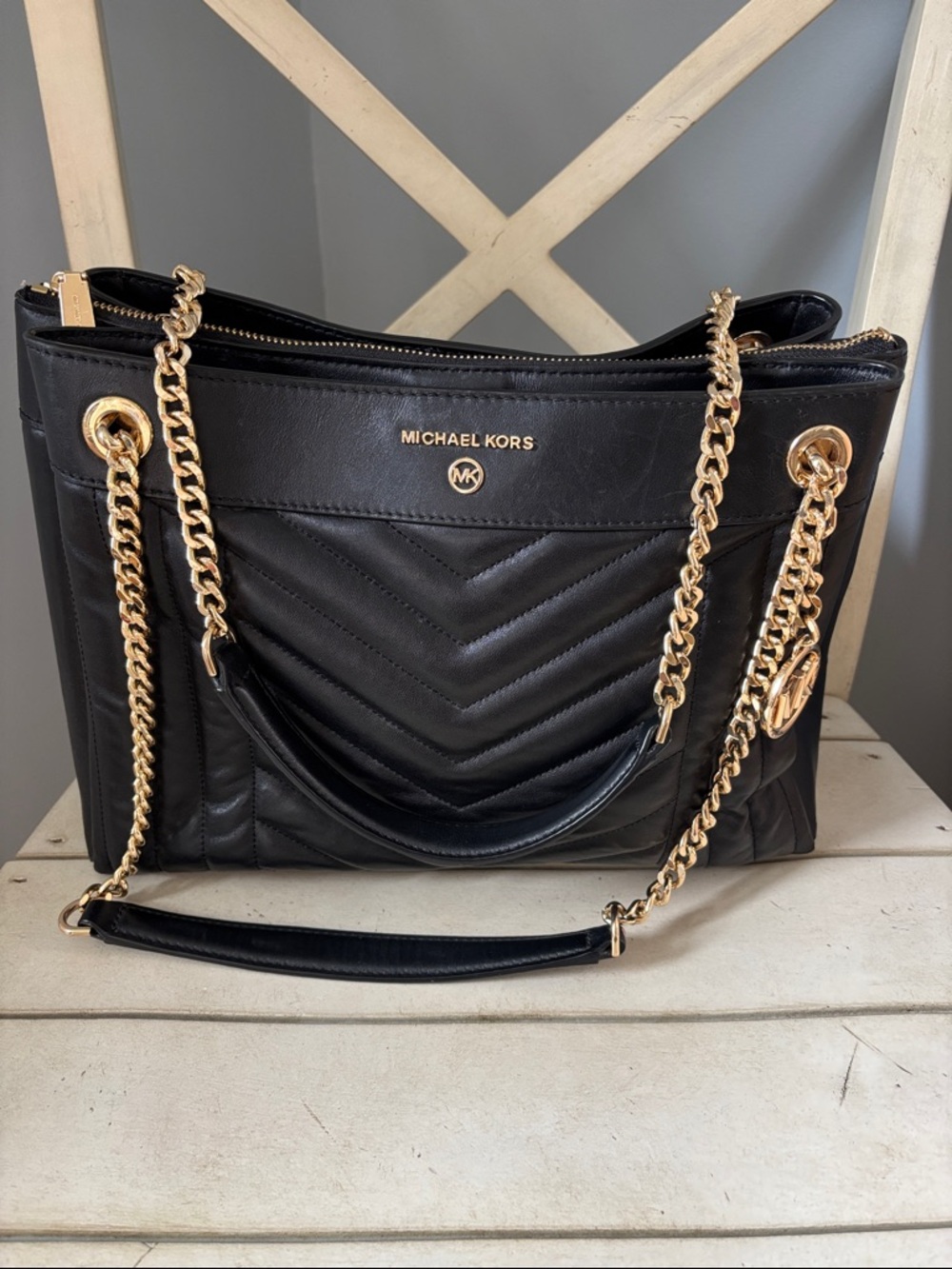 Michael Kors Susan Black Quilted Shoulder Bag with Gold Chain Detail MICHAEL